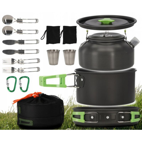 CAM6834 NACZYNIA TURYSTYCZNE ZESTAW GARNKÓW SZTUĆCE POD NAMIOT BIWAK CZAJNIK 18W1
