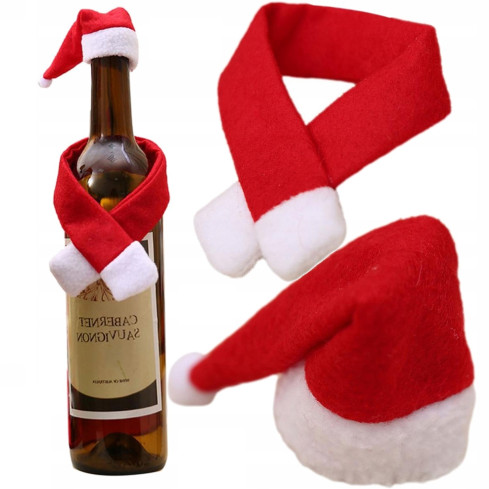 TG53028 UBRANKO NA BUTELKĘ ŚWIĄTECZNE CZAPECZKA + SZALIK TOREBKA WiNO