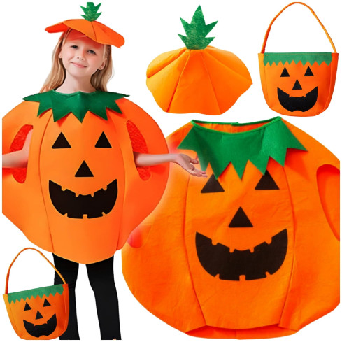 Kostium dynia, z włókniny, pomarańczowy, wzór dyni, dziecięce przebranie Halloween, rozmiar S, komplet