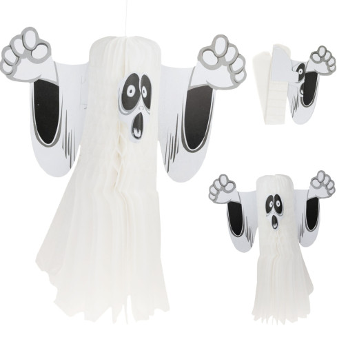 Wisząca dekoracja Halloween, papierowa, biała, duch duszek, 3d, 38cm