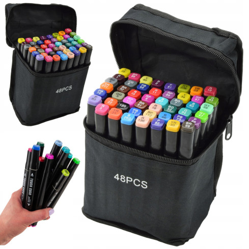 TG70308 MARKERY ALKOHOLOWE PISAKI DWUSTRONNE ZAKREŚLACZE 48SZT. ZESTAW+ETUI