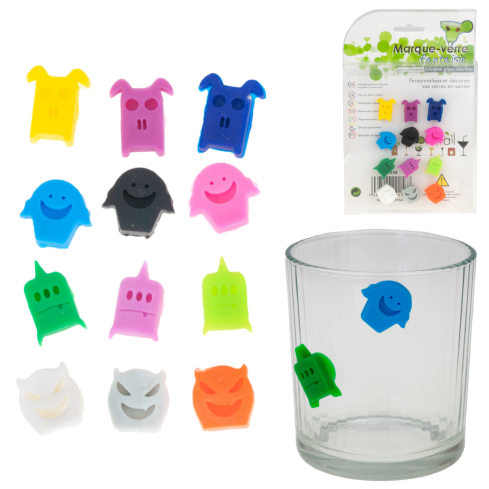 Znaczniki do kieliszków szklanek, mix wzorów, mix kolorów, z duszkami, Halloween, zestaw 12szt.