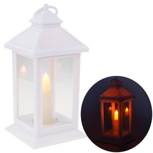 Latarnia lampion led, biała, na baterie, ciepłe światło, imituje płomień, z rączką, wysokość 17cm