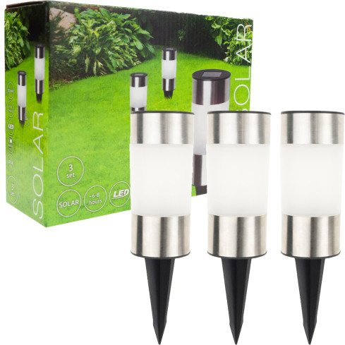 TG71391 Lampa ogrodowa solarna, lampki inox 3szt., gruntowa wbijana, słupek solar led