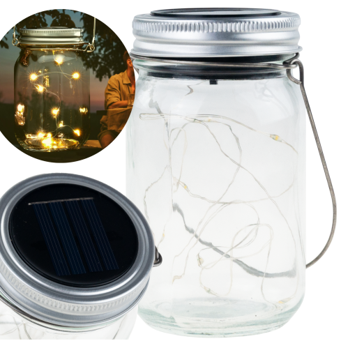 TG77618 Lampa ogrodowa LED, solarna wisząca latarenka, szklany słoik, drucik 10 led ciepły biały