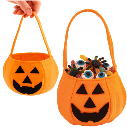 Koszyk na cukierki, torebka na słodycze, pomarańczowa, wzór dyni, z rączką, dekoracja Halloween, 30x17x17 cm