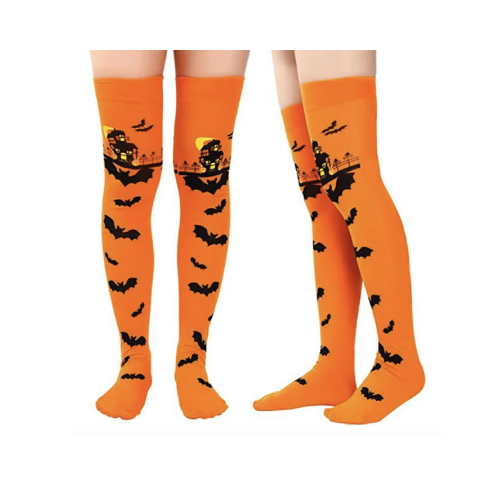 Pończochy zakolanówki, pomarańczowe, motyw Halloween, z nietoperzami, na imprezę, 1 para