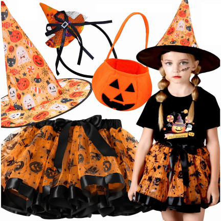 Przebranie czarownicy, strój czarodziejki, pomarańczowo-czarny, dla dziewczynki, na bal Halloween, komplet