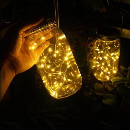 TG77618 Lampa ogrodowa LED, solarna wisząca latarenka, szklany słoik, drucik 10 led ciepły biały