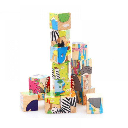 TG50051 Klocki drewniane, puzzle edukacyjne, układanka 6w1, zwierzęta ZOO, 9 elementów