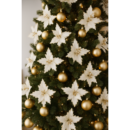 CV09255-2 GWIAZDA BETLEJEMSKA NA PIKU POINSECJA BROKATOWA DEKORACYJNA na STROIK ECRU