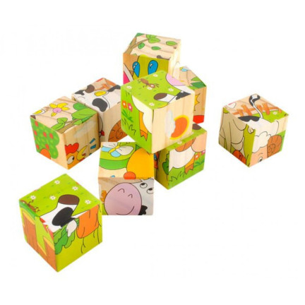 TG50051 Klocki drewniane, puzzle edukacyjne, układanka 6w1, zwierzęta ZOO, 9 elementów