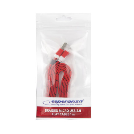 EB176R ESPERANZA KABEL MICRO USB 2.0 A-B M/M 1.0M PŁASKI OPLOT CZERWONY