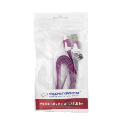 EB183V ESPERANZA KABEL MICRO USB 2.0 A-B M/M 1.0M PŁASKI FIOLETOWY