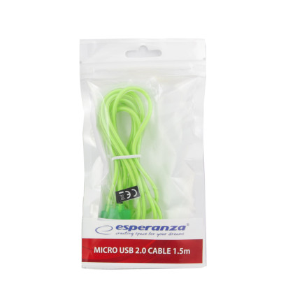 EB185G ESPERANZA KABEL MICRO USB 2.0 A-B M/M 1.5M ZIELONY TRANSPARENTNY
