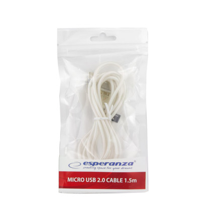 EB185W ESPERANZA KABEL MICRO USB 2.0 A-B M/M 1.5M BIAŁY TRANSPARENTNY
