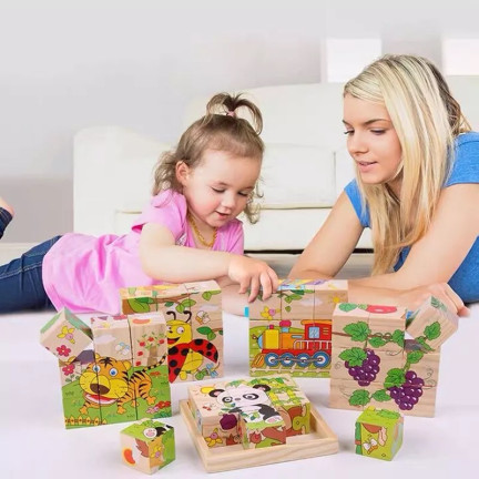 TG50051 Klocki drewniane, puzzle edukacyjne, układanka 6w1, zwierzęta ZOO, 9 elementów