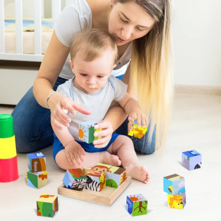 TG50051 Klocki drewniane, puzzle edukacyjne, układanka 6w1, zwierzęta ZOO, 9 elementów