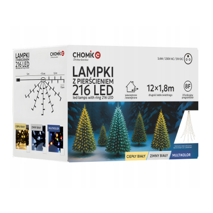 Lampki led z pierścieniem, ciepły biały, wewnętrzne, zewnętrzne, 216l, 1,8m
