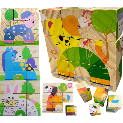 TG50032 PUZZLE DREWNIANE KLOCKI UKŁADANKA ZWIERZĄTKA 6w1 ZOO