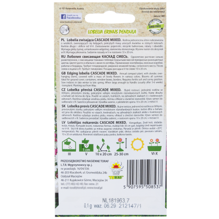 R5837 LOBELIA ZWISAJĄCA CASCADE MIXED 0,1G NASIONA KWIATÓW LOBELII MIESZANKA