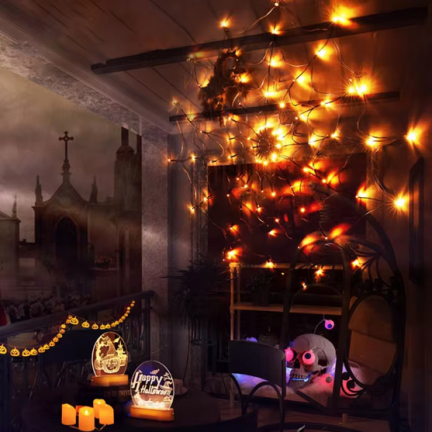 TG73019-1 PAJĘCZYNA 70 LED SZTUCZNA HALLOWEEN ŚWIECĄCA LAMPKI POMARAŃCZOWA