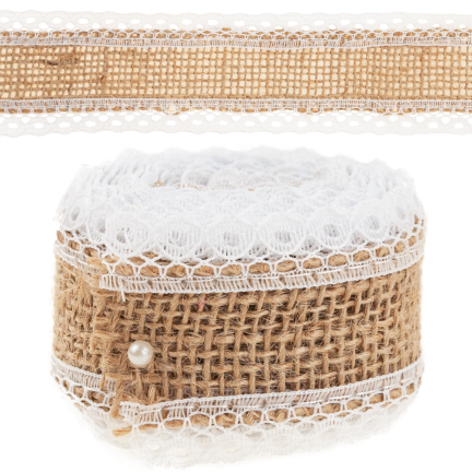 TG40119 Wstążka juta z koronką, tasiemka boho, jutowa naturalna, do ozdób handmade