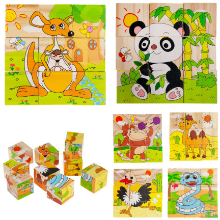 TG50051 Klocki drewniane, puzzle edukacyjne, układanka 6w1, zwierzęta ZOO, 9 elementów