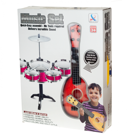 TG55528 PERKUSJA + GITARA ZESTAW MUZYCZNY UKULELE BĘBNÓW TALERZ PAŁECZKI DLA DZIECI