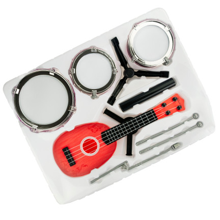 TG55528 PERKUSJA + GITARA ZESTAW MUZYCZNY UKULELE BĘBNÓW TALERZ PAŁECZKI DLA DZIECI
