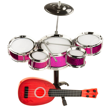 TG55528 PERKUSJA + GITARA ZESTAW MUZYCZNY UKULELE BĘBNÓW TALERZ PAŁECZKI DLA DZIECI