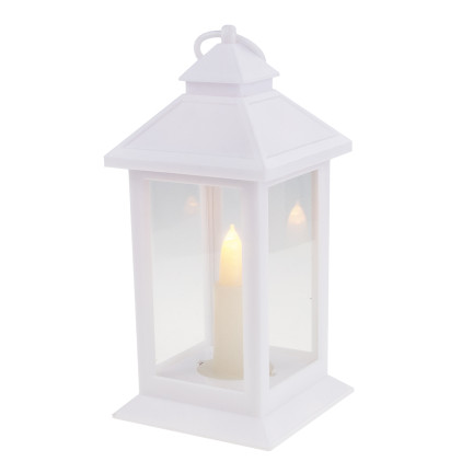 Latarnia lampion led, biała, na baterie, ciepłe światło, imituje płomień, z rączką, wysokość 17cm