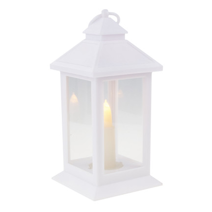 Latarnia lampion led, biała, na baterie, ciepłe światło, imituje płomień, z rączką, wysokość 17cm