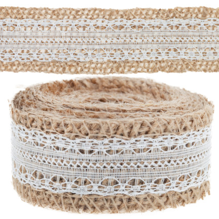 TG40119 Wstążka juta z koronką, tasiemka boho, jutowa naturalna, do ozdób handmade