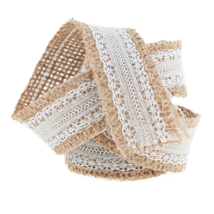 TG40119 Wstążka juta z koronką, tasiemka boho, jutowa naturalna, do ozdób handmade