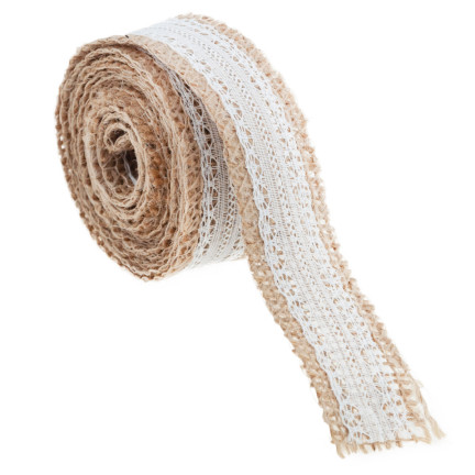 TG40119 Wstążka juta z koronką, tasiemka boho, jutowa naturalna, do ozdób handmade