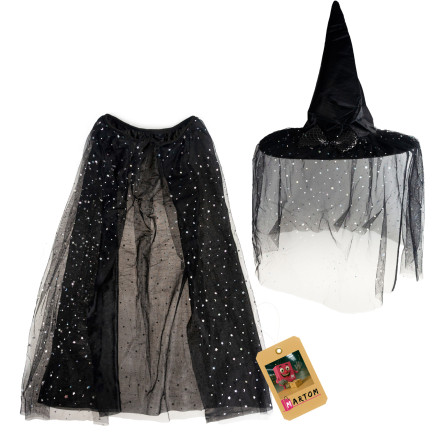 Przebranie czarownicy wiedźmy, czarne, połyskujące, dla dziewczynki, kapelusz i peleryna, strój Halloween, komplet