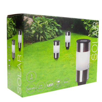 TG71391 Lampa ogrodowa solarna, lampki inox 3szt., gruntowa wbijana, słupek solar led