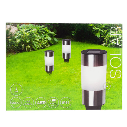 TG71391 Lampa ogrodowa solarna, lampki inox 3szt., gruntowa wbijana, słupek solar led