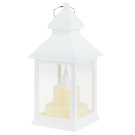 TG73372-1 Biały lampion led, latarnia ze świeczką, latarenka na baterie, płomień