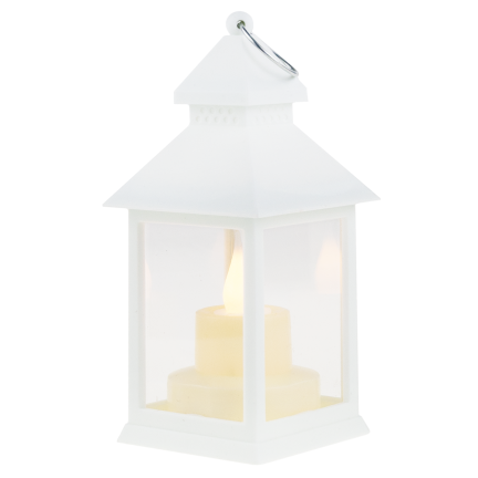TG73372-1 Biały lampion led, latarnia ze świeczką, latarenka na baterie, płomień