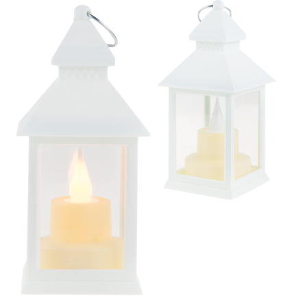 TG73372-1 Biały lampion led, latarnia ze świeczką, latarenka na baterie, płomień