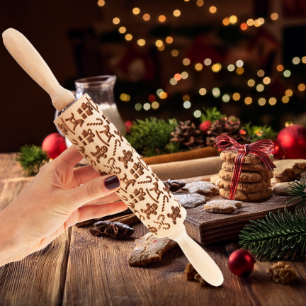 TG81336 WAŁEK DREWNIANY DO CIASTA OZDOBNE WYTŁOCZENIA ŚWIĄTECZNE 