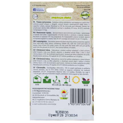Z3034 TRAWA CYTRYNOWA NASIONA ZIÓŁ ZIOŁA LEMONGRASS WŁAŚCIWOŚCI ZDROWOTNE 0,1G