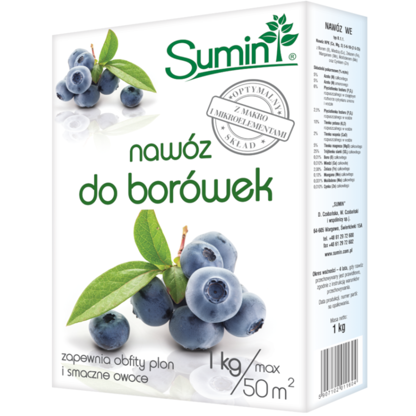 SUM12 Nawóz do borówek, Sumin, nawóz 1kg, optymalny skład, do nawożenia borówek