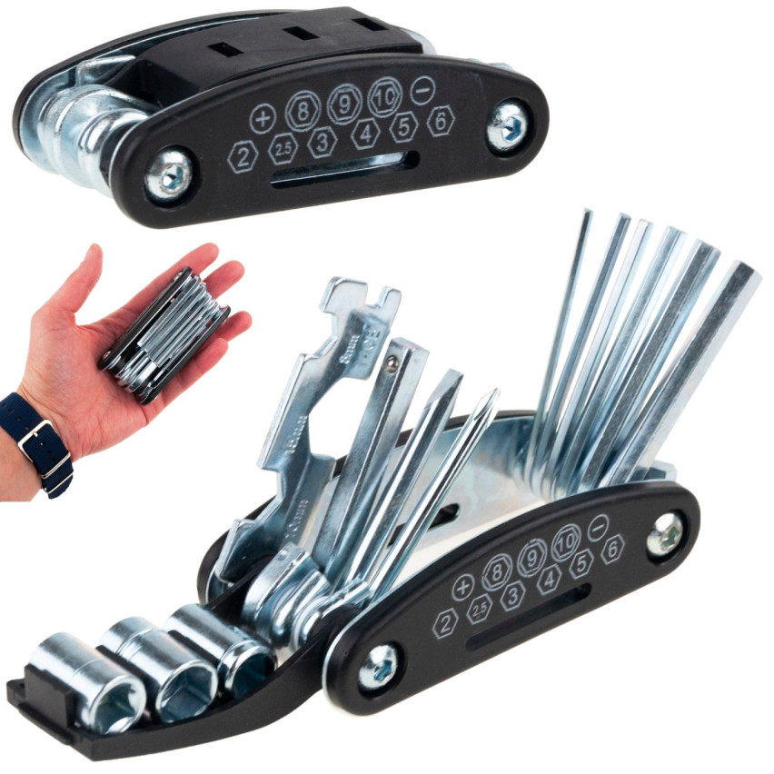 NN19 ZESTAW KLUCZY NARZĘDZI ROWEROWYCH MULTITOOL 16W1 IMBUSY ŚRUBOKRĘTY KLUCZE