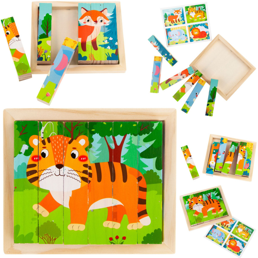 TG67009 PUZZLE KLOCKI UKŁADANKA DREWNIANA ZWIERZĘTA 4W1 ZOO SAFARI EDUKACYJNE